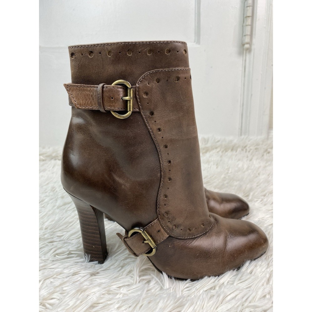 Leon Max Paula Women's 6.5 Brown Leather Block Heel Buckle Ankle Zip Boots